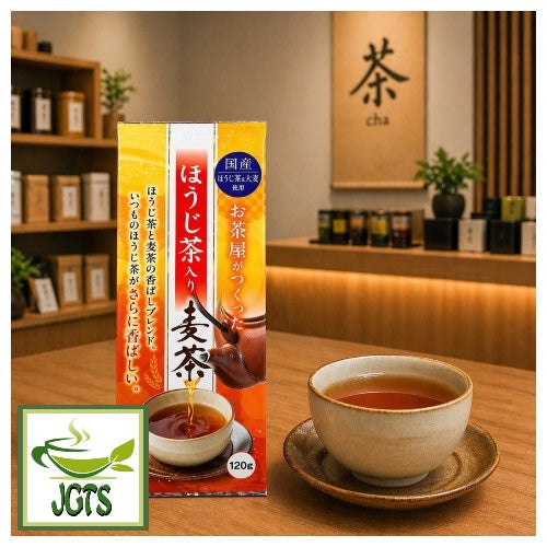 (HISHIWAEN) Roasted Green Tea & Barley - Package and fresh brewed cup of tea
