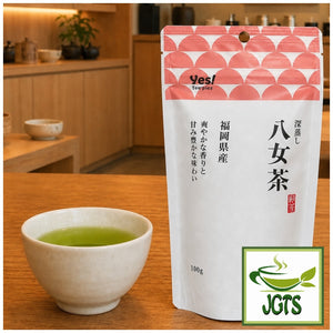 Harada - Yame Green Tea (100 grams) - Shizuoka tea and cup of green tea