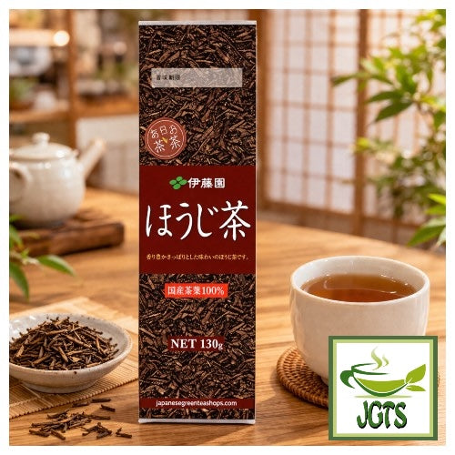 ITO EN Everyday Roasted Green Tea Houjicha - package and cup of tea in tearoom