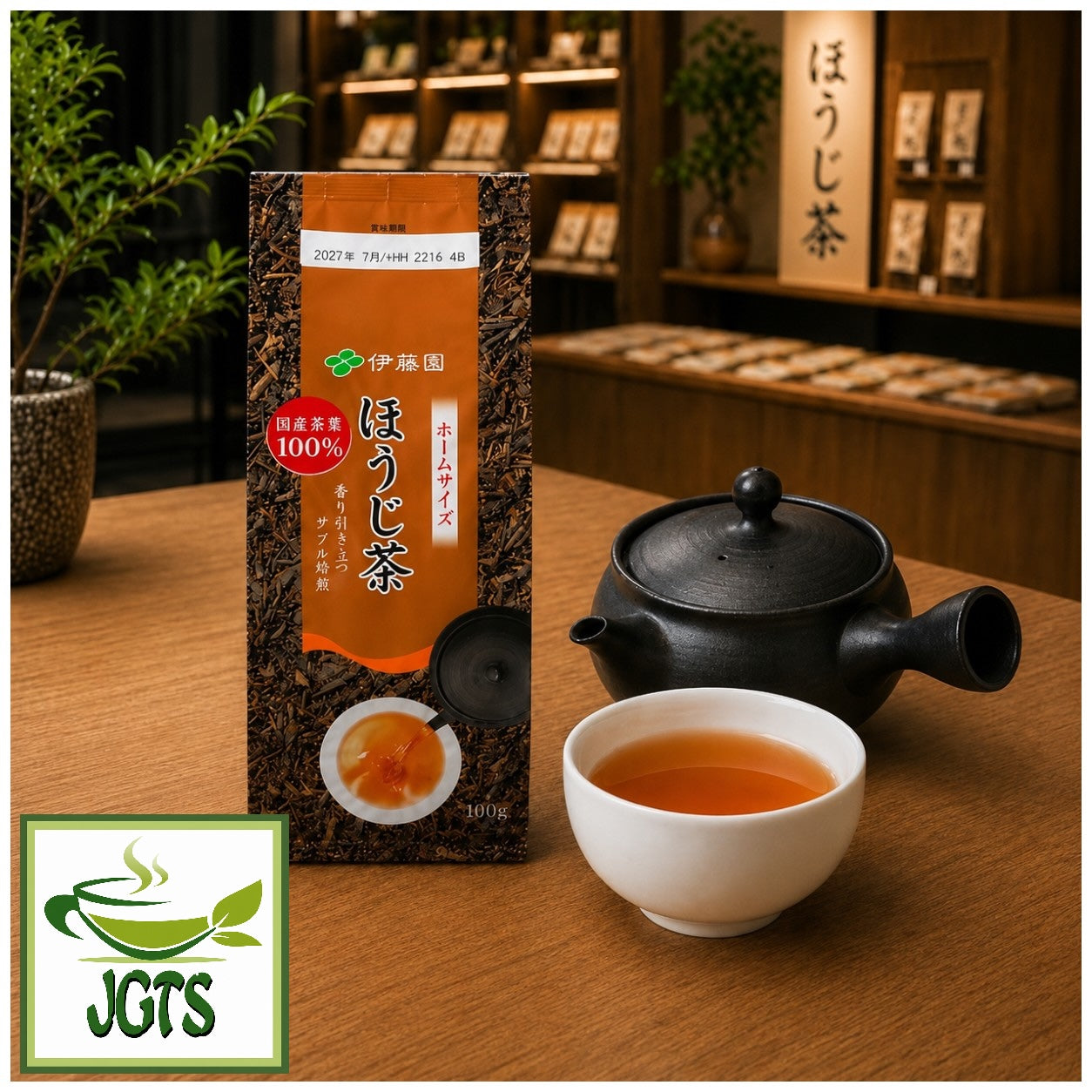 (ITO EN) Home Size Roasted Green Tea Houjicha - Product and hot cup of tea