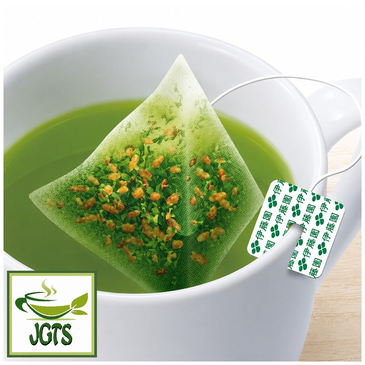 (ITO EN) Matcha Green Tea with Roasted Rice Premium Tea Bags 20 Pack - One individual tea bag in cup