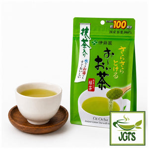 (ITO EN) Oi Ocha Sarasara Green Tea with Matcha - Package and cup of hot tea in a white tea cup