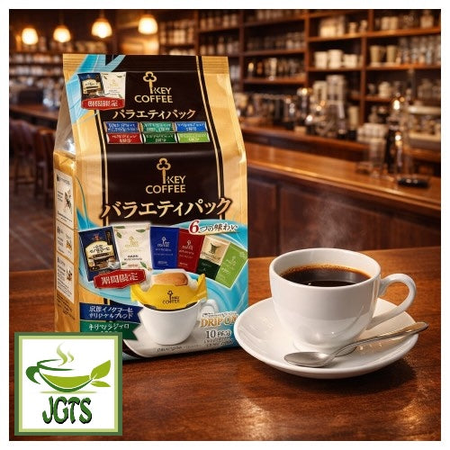 Key Coffee Drip On Variety Pack - Package and cup of brewed coffee at coffee shop