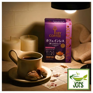 Key Coffee KEY DOORS Caffeine-free Deep Rich Blend Drip On Coffee - brewed in cup with box