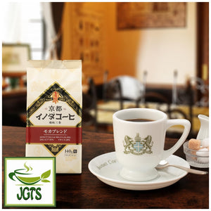 Key Coffee Kyoto Inoda Coffee Mocha Blend Ground Coffee - Package and cup of brewed coffee at Japanese Kyoto coffee shop