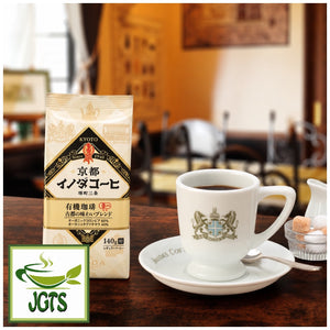 Key Coffee Kyoto Inoda Coffee Organic Blend Ground Coffee - Package and cup of brewed coffee at Japanese Kyoto coffee shop