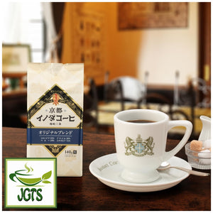 Key Coffee Kyoto Inoda Coffee Original Blend Ground Coffee - Package and cup of brewed coffee at Japanese Kyoto coffee shop