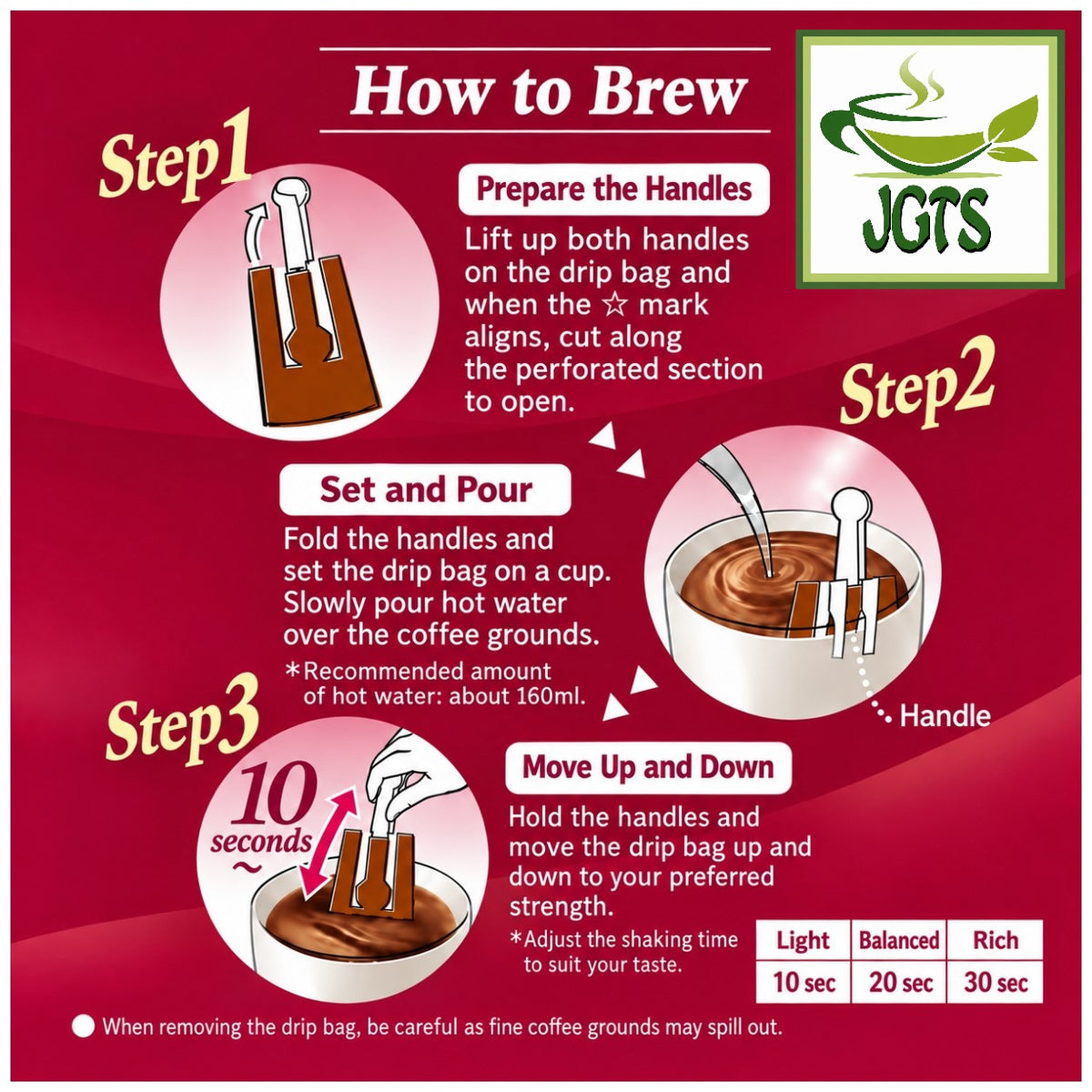 (Key Coffee) - KEY DOORS JET BREW Drip Coffee Seasonal Blend - Instructions to jet brew key coffee filter packets (E)
