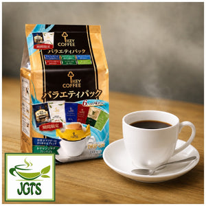 (Key Coffee) Drip On Variety Pack - Package and cup of brewed coffee at coffee shop