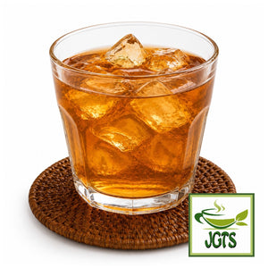 Kunitaro Rich Aromatic Roasted Green Tea Bags (Value Pack) - served cold over ice in a glass