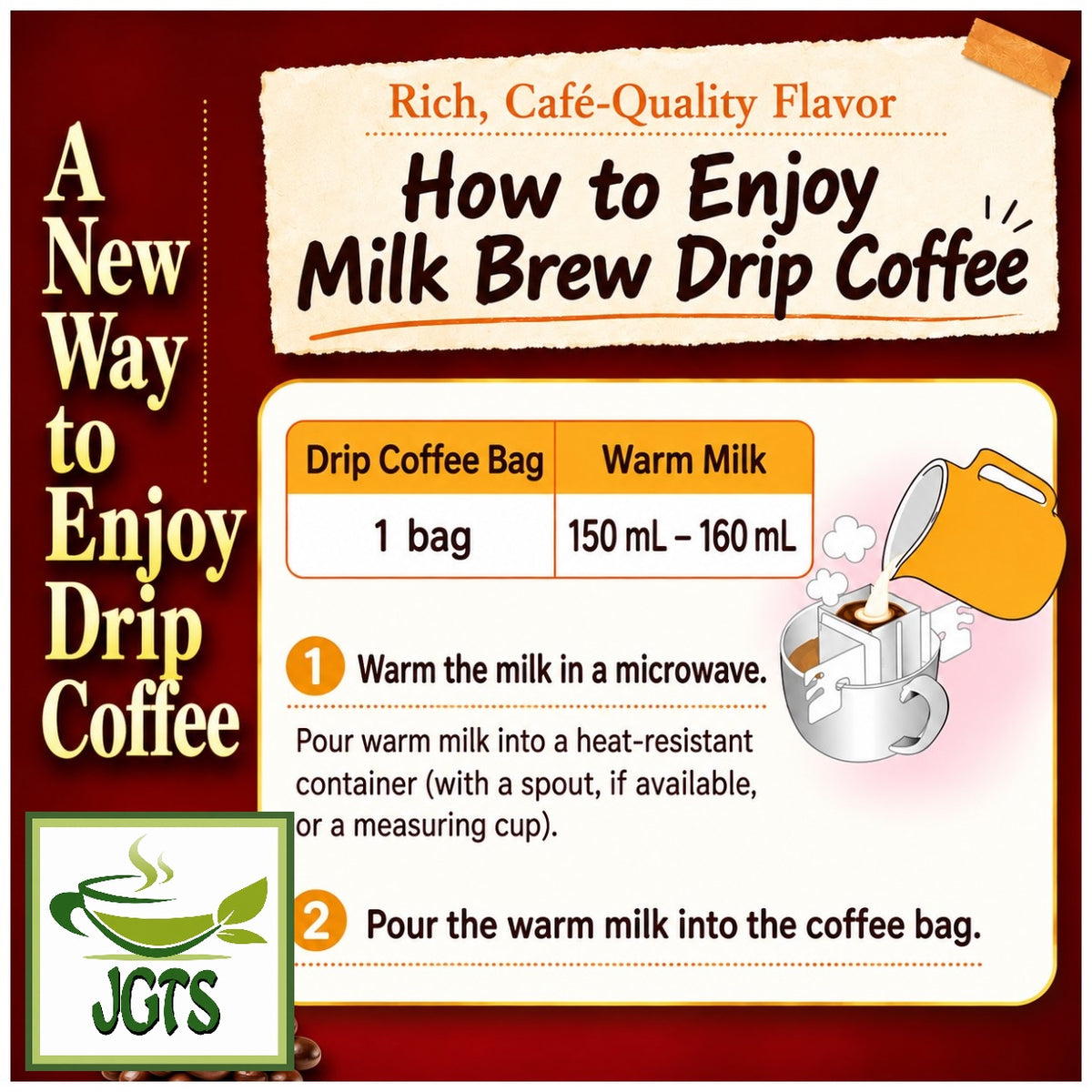 (Kunitaro) AVANCE Premium Drip coffee Rich Deep Special Blend - Instructions to make cafe au lait (E)