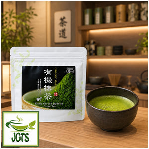 Kyoto - Chanokura - Organic Matcha - Package and bowl of  matcha at tea shop