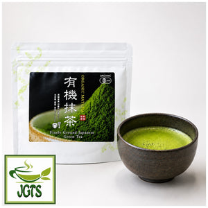 Kyoto - Chanokura - Organic Matcha - Package and bowl of  matcha in a black matcha bowl