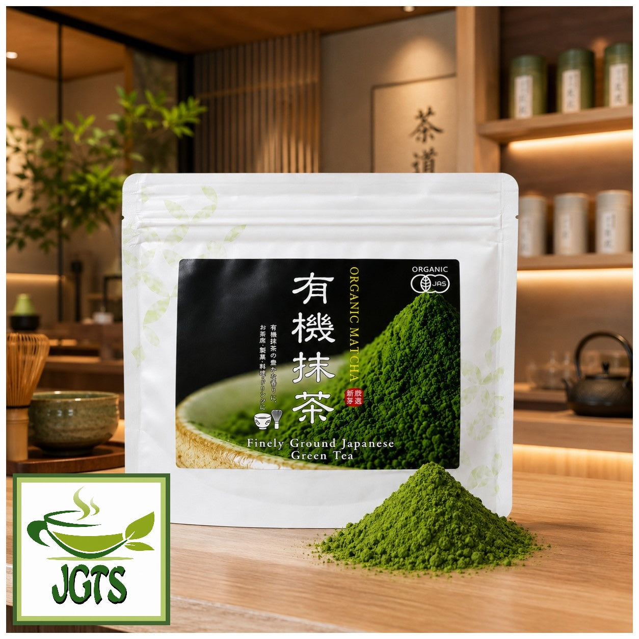 Kyoto - Chanokura - Organic Matcha- Package and powdered matcha at tea shop