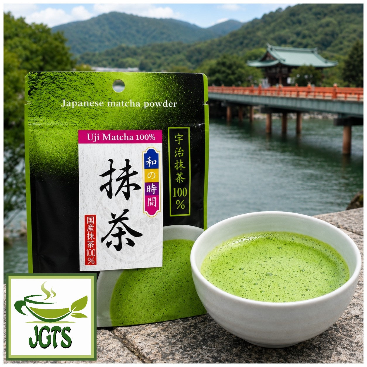 (Maruko) - Japanese Time Uji Matcha - Package and matcha in bowl in Uji Japan
