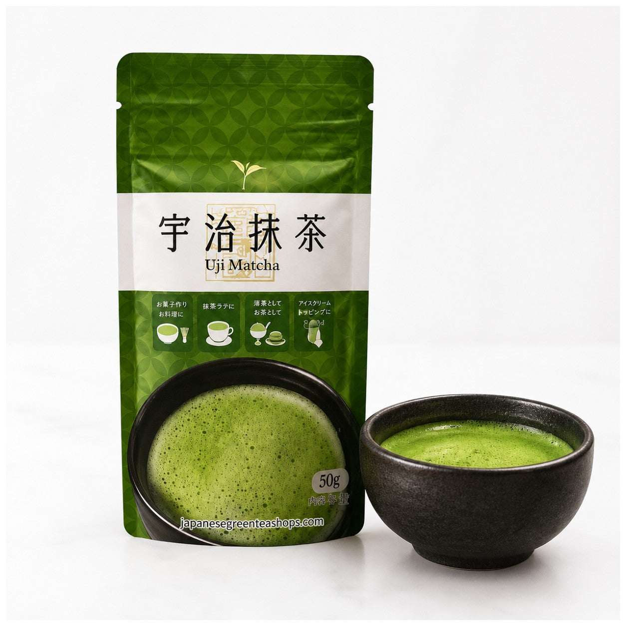 (Maruyama) Uji Matcha - Package and a black bowl of matcha