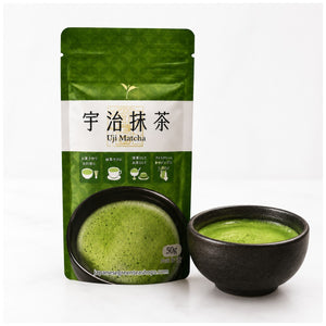 (Maruyama) Uji Matcha - Package and a black bowl of matcha