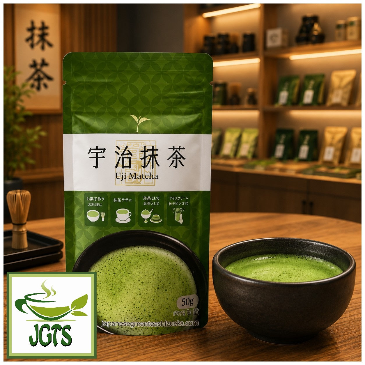 (Maruyama) Uji Matcha - Package and bowl of matcha