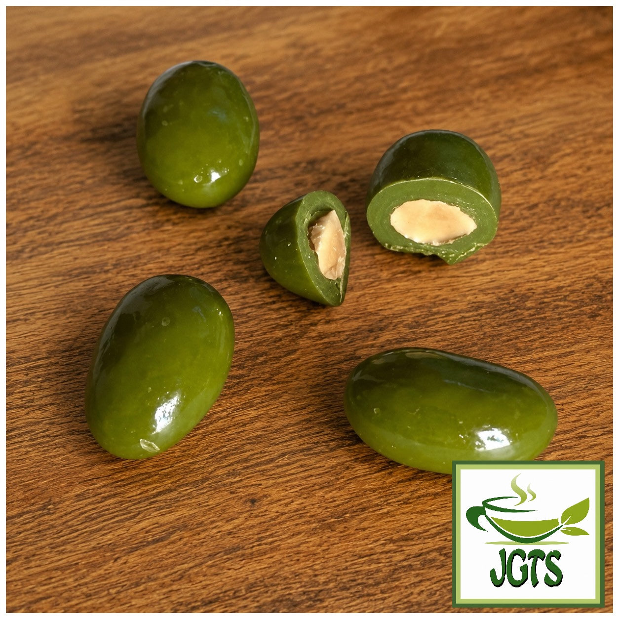 Meiji - Almond Matcha - Close up of matcha almonds