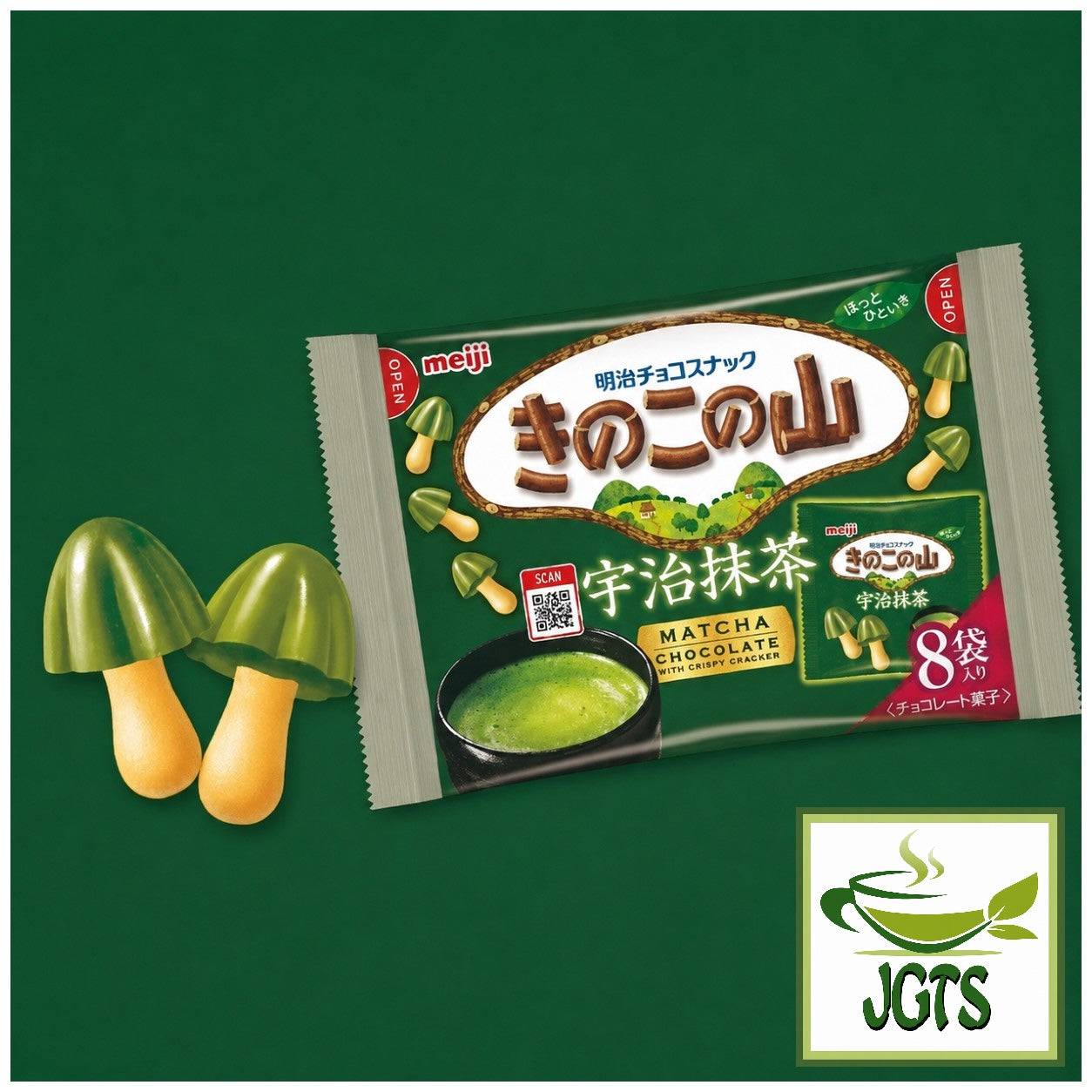 Meiji . Kinoko No Yama Matcha Chocolate - Package and matcha chocolate cookie