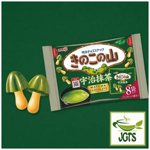 Meiji . Kinoko No Yama Matcha Chocolate - Package and matcha chocolate cookie