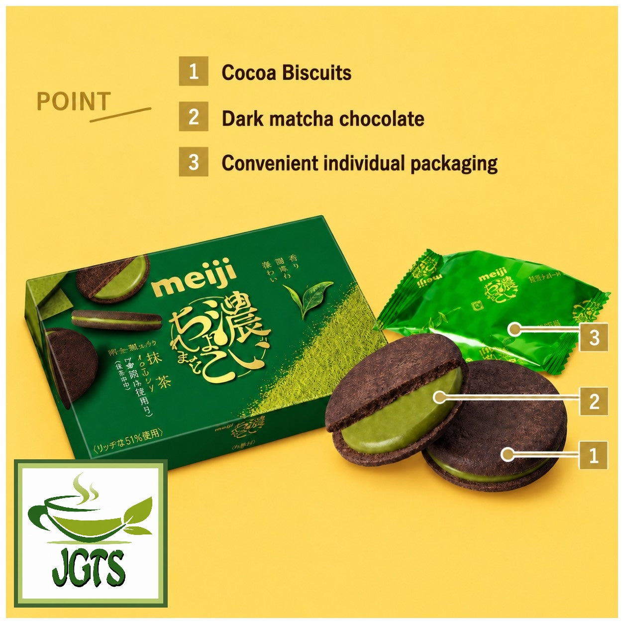 Meiji Dark Chocolate and Matcha Chocolate Sandwich - 3 points of flavor and convenience