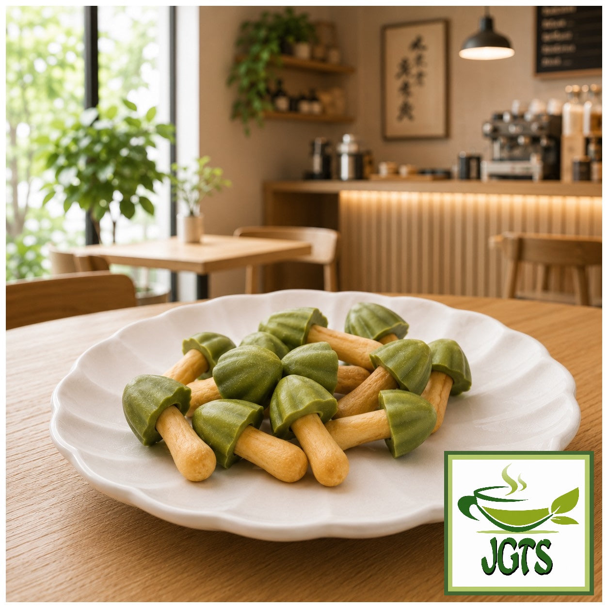 Meiji Kinoko No Yama Uji Matcha Chocolate (Box) - Matcha chocolate crackers on plate