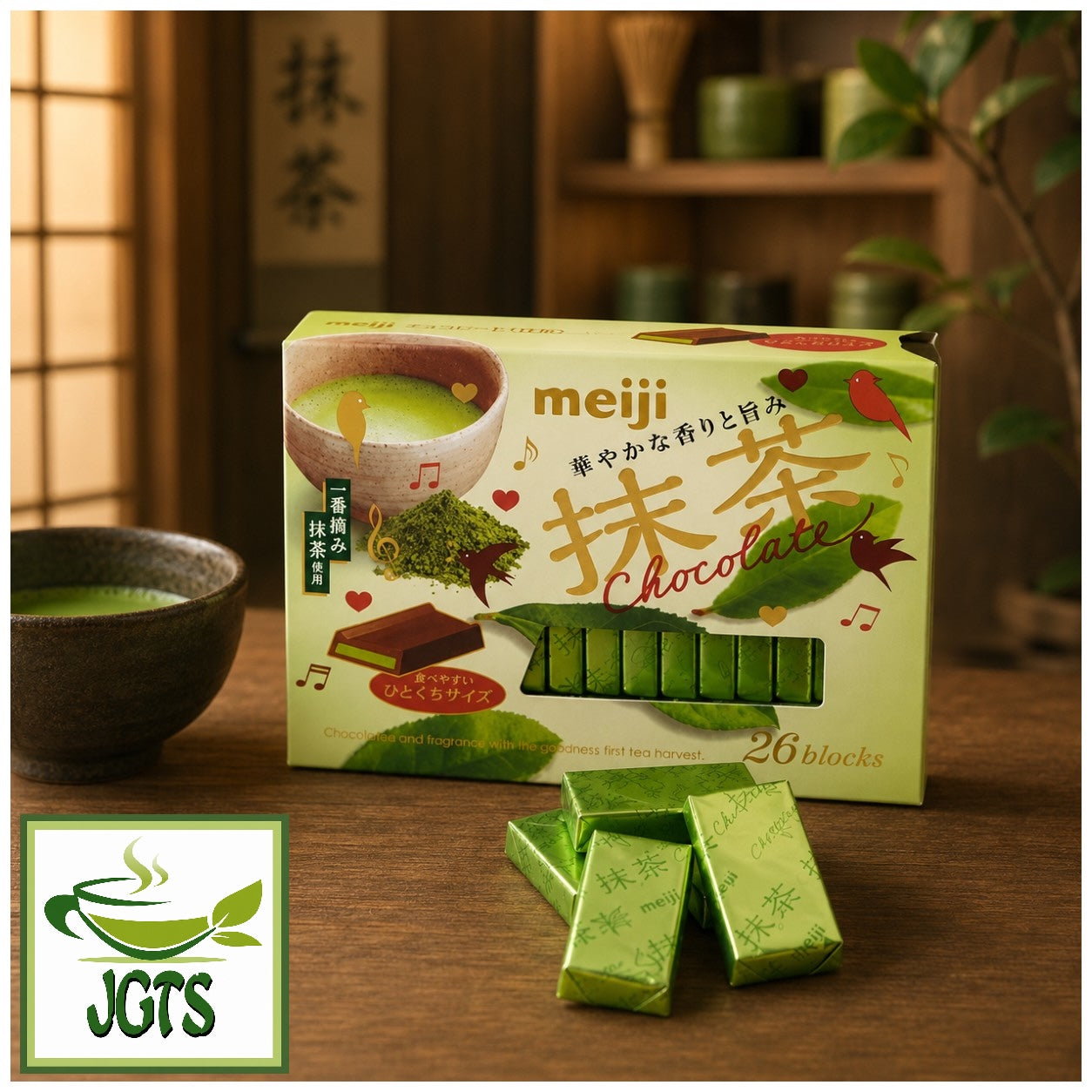 (Meiji) Matcha Chocolate - Matcha chocolate and individually wrapped pieces