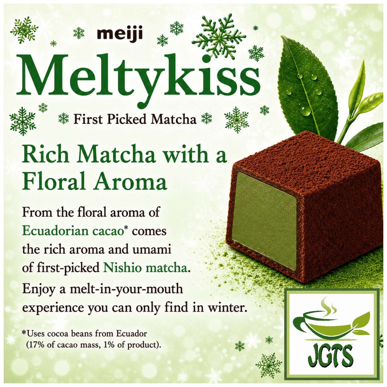 (Meiji) Melty Kiss First Picked Dark Matcha - Creamy rich cocoa and first flush Matcha (E)