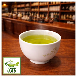 (Meiyo) Shizuoka Green Tea Bags with Matcha - Cup of brewed green tea at teashop
