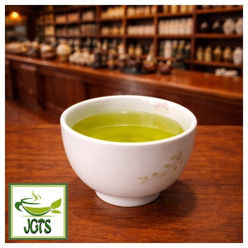(Meiyo) Shizuoka Green Tea Bags with Matcha - Cup of brewed green tea at teashop