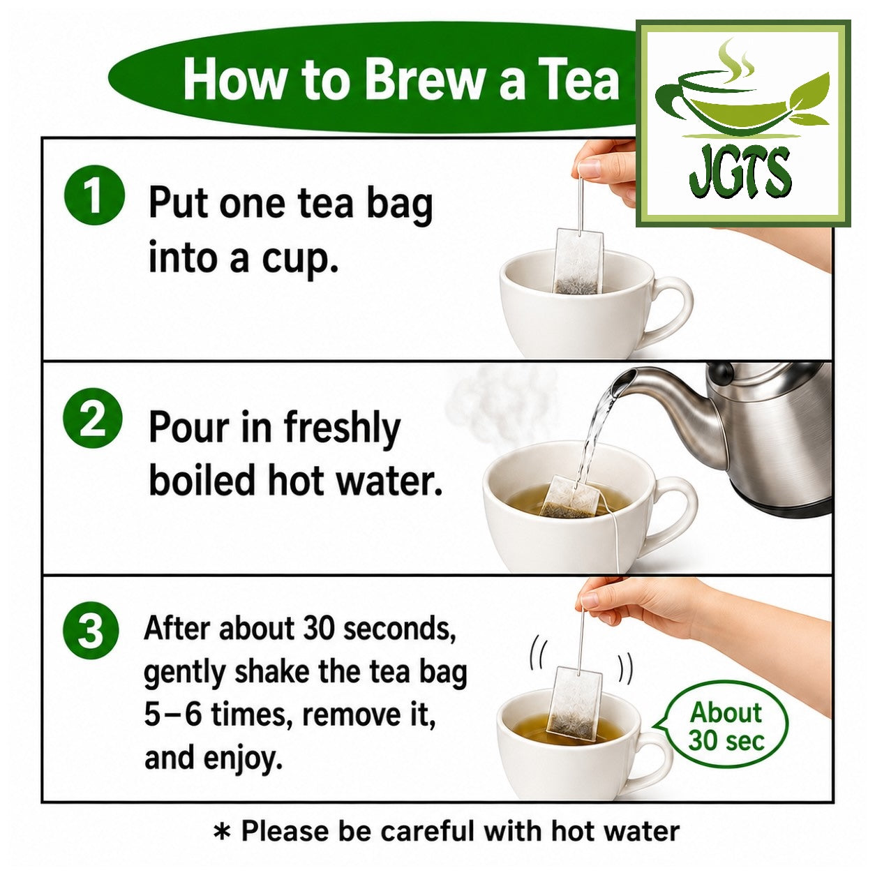 (Meiyo) Shizuoka Green Tea Bags with Matcha - Instructions to brew shizuoka tea bags (E)