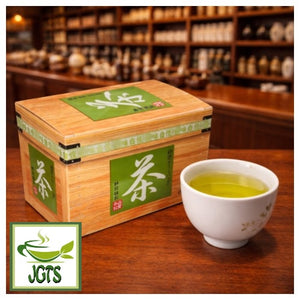 (Meiyo) Shizuoka Green Tea Bags with Matcha package and cup of brewed tea