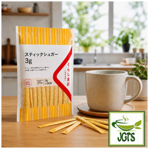 (Mitsui) -  Stick Sugar - Package next to coffee and sticks
