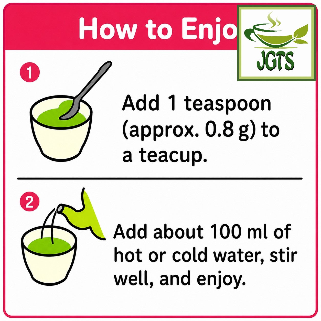 (Mizusouen Honpo) Organically Grown Powdered Green Tea - Instructions to make hot or cold (E)