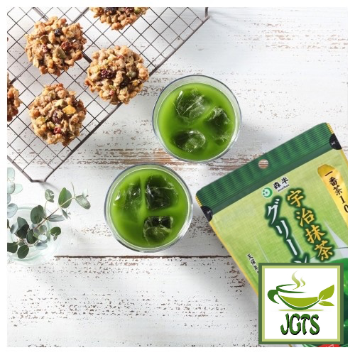 Morihan Uji Matcha Sweet Green Tea - Served in glasses with package
