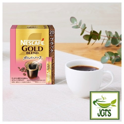 Nescafe Gold Blend Black Caffeine Half Instant Coffee - Box and one cup