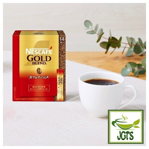 Nescafe Gold Blend Black Caffeineless Instant Coffee - Box and cup of coffee