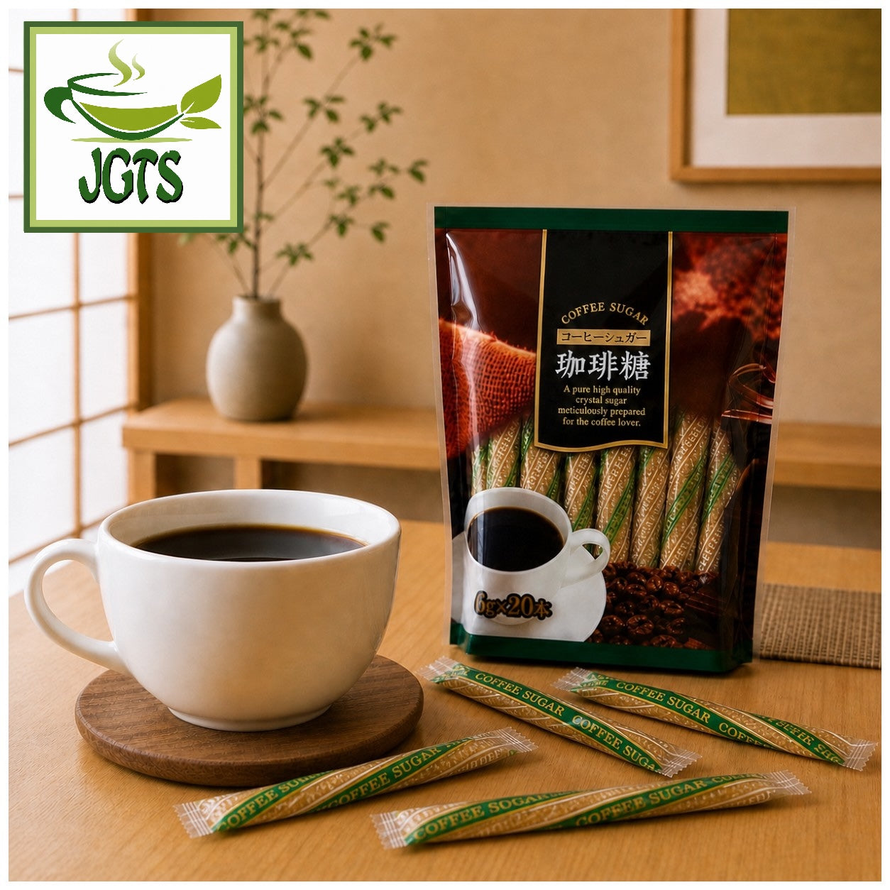 Nissin Coffee Sugar - Product and sticks next to coffee