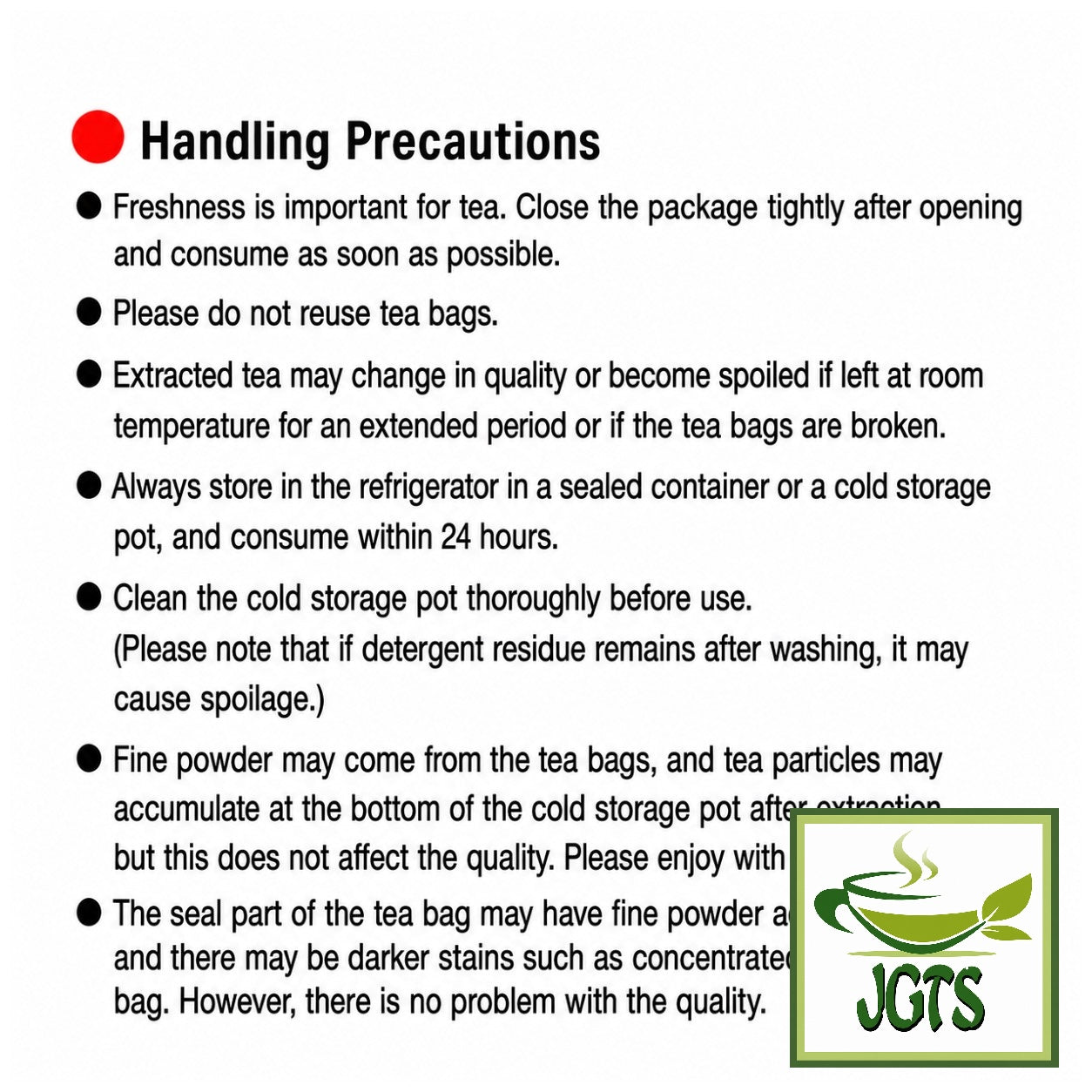Nomura Sangyo -  Sencha Green Tea Bags - Handling Precautions (E)