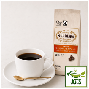 Ogawa Coffee Shop - Fair Trade Mocha Blend Ground Coffee - Package and coffee served hot in a cup