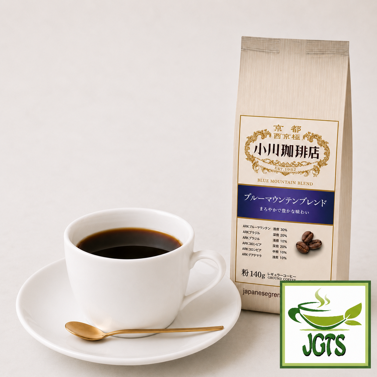 Ogawa Coffee Shop ~ Blue Mountain Blend Ground Coffee ~ Package and brewed Coffee in a Cup