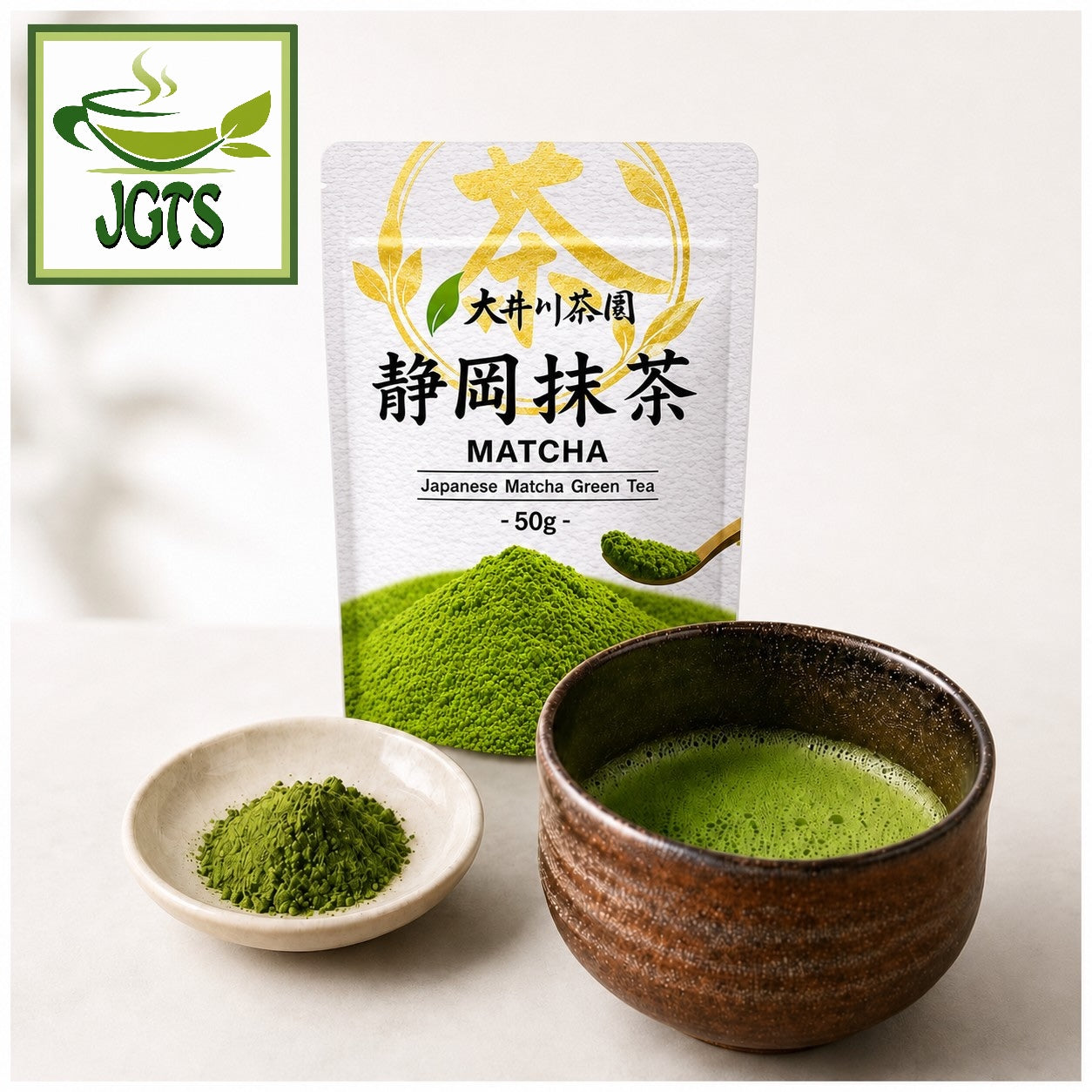Oigawa - Shizuoka Matcha - Fresh whisked in matcha bowl, package and dish od matcha pro product photograph