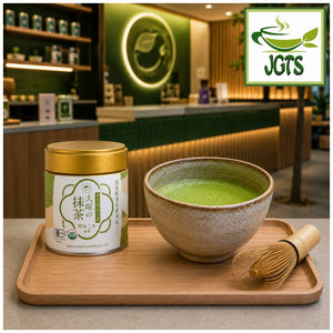 Otsuka Seicha Organic Matcha - Matcha tin and bowl of whisked matcha