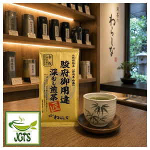 (Oyaizu Seiichi) Sunpu Goyoutashi Shizuoka Honyama Fukamushi Sencha - Product and cup of green tea