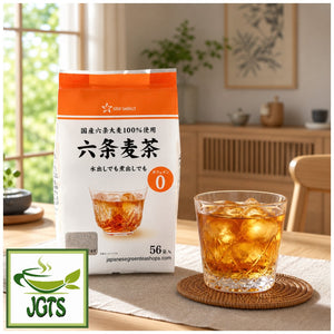 Rokujo Barley (Mugicha) Teabags (56 Pieces) - Package a nd glass of tea