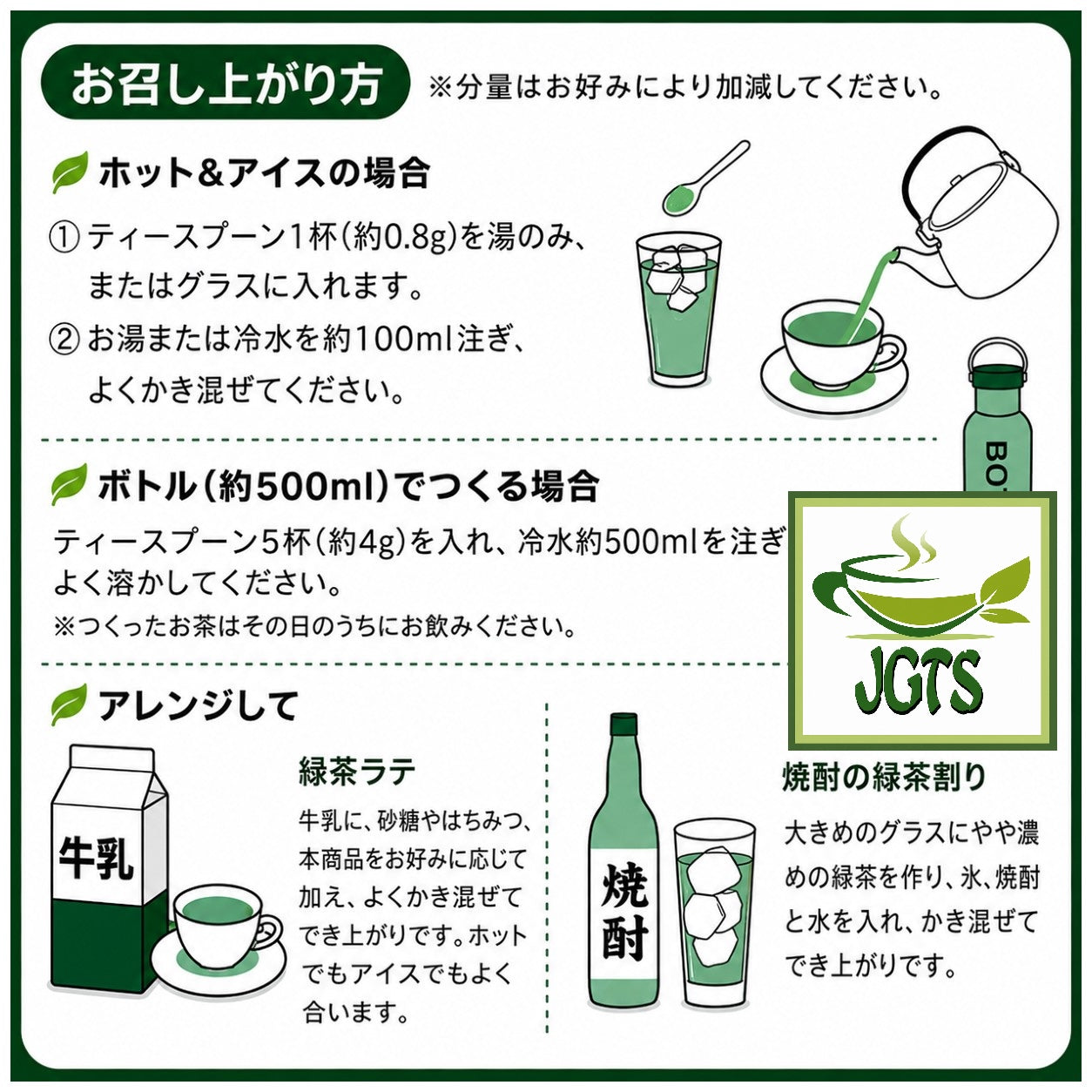 Ryokucha Green Tea with Uji Matcha and Gyokuro - Large Size - Makes 100 cups of tea - How to brew hot or iced Ryokucha