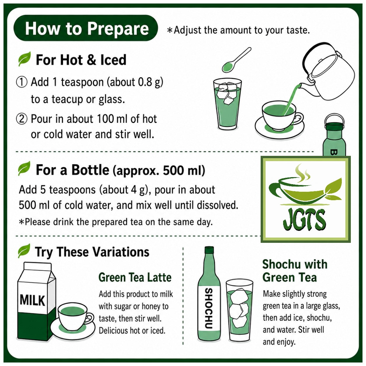 Ryokucha Green Tea with Uji Matcha and Gyokuro - Large Size - Makes 100 cups of tea - How to brew hot or iced Ryokucha (E)
