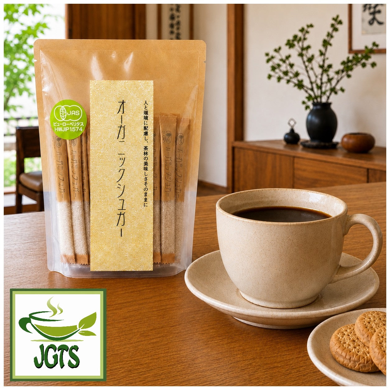 Sakura . Organic Sugar - Package and cup of coffee on table