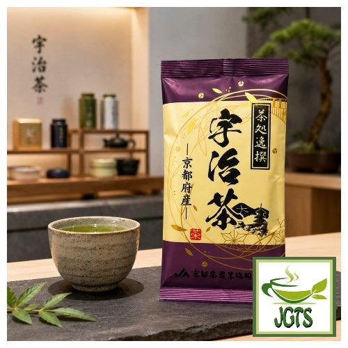 Selected Uji Sencha Green Tea from Kyoto - Product and cup of tea